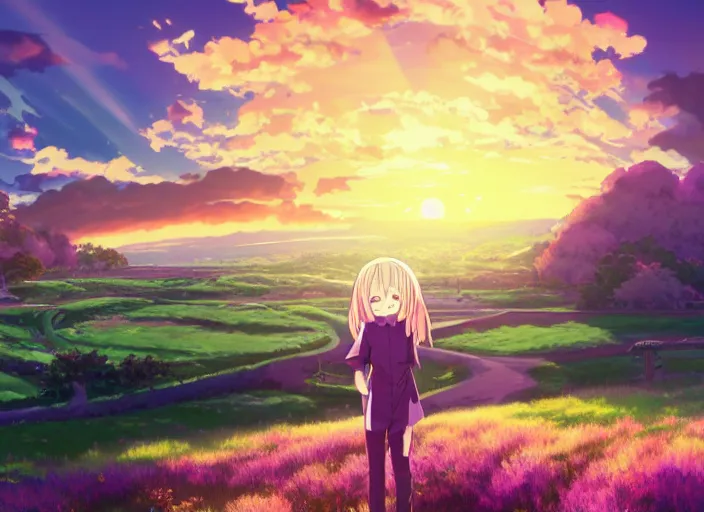 Image similar to illustration of green hills with clouds in the background, golden hour sunset, purple beautiful sky, cute anime girl with platinum blonde hair and big eyes, close to foreground, anime key visual, official media, illustrated by wlop, extremely detailed, 8 k, trending on pixiv, cinematic lighting, beautiful