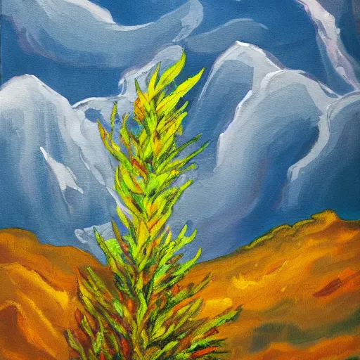 Image similar to A painting of a burning bush in mountainous terrain