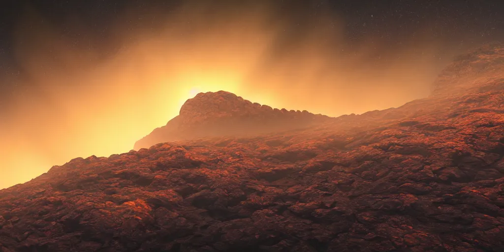 Image similar to a mountainous planet full of active vulcanoes covered by a dense yellow fog and yellow giant clouds, venus surface, path traced, highly detailed, high quality, 8 k, dramatic lighting, cinematic, high coherence, low contrast, hyperrealistic, concept art, digital art, dark yellow dense atmosphere, lava in the ground, no life, desertic