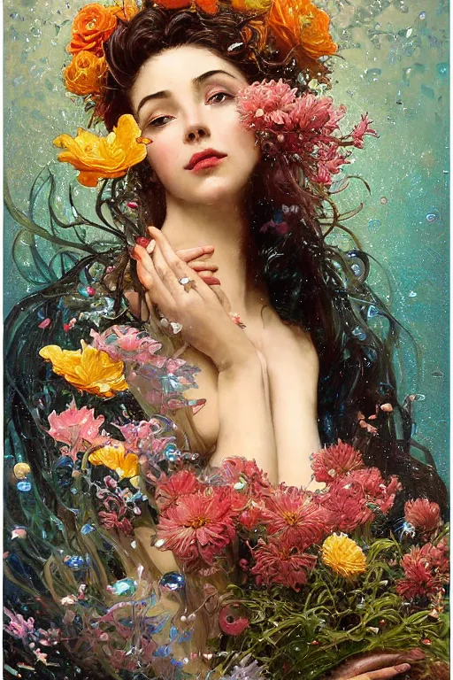 Image similar to portrait of a beautiful mysterious woman holding a bouquet of flowing flowers, small bubbles from her mouth, hands hidden under the bouquet, submerged underwater filled with colorful small fish and coral reef, fantasy, regal, intricate, by stanley artgerm lau, greg rutkowski, thomas kindkade, alphonse mucha, loish, norman rockwell