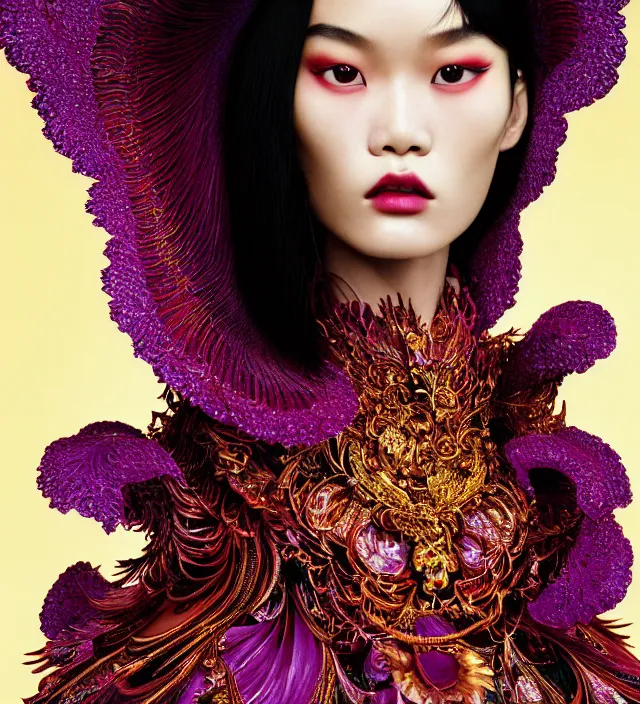 Image similar to photography american portrait of a stunning asian woman like ming xi. great hair style,, half in shadow, natural pose, natural lighing, rim lighting, wearing an ornate stunning sophistical fluid dress and hat iris van herpen, colorfull newbaroque makeup by benjamin puckey, highly detailed, skin grain detail, photography by paolo roversi