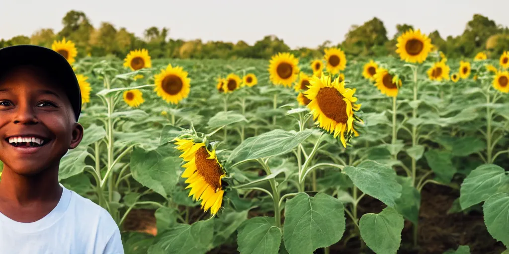 Image similar to a black boy with white t - shirt and green jeans and a green cap standing in a sunflower field with bees flying around him while sun is setting in the background, professional photography