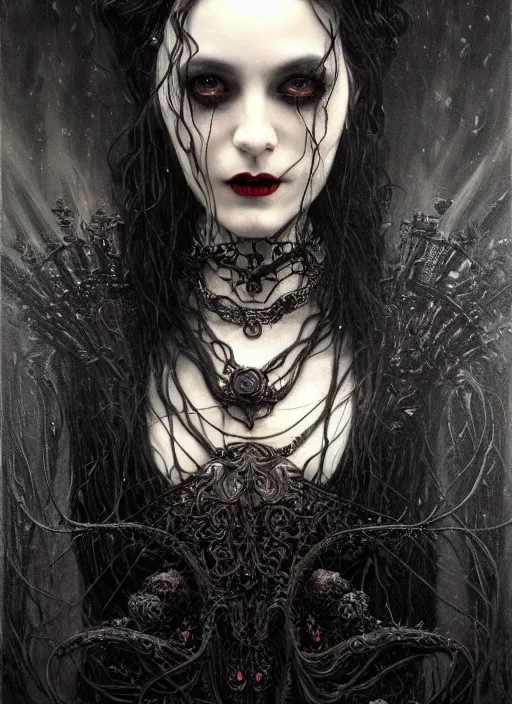 Image similar to highly detailed oil painting | very intricate | cinematic lighting | black, white and blood color scheme, dark background | portrait of a exquisite beautiful vampire old woman with long elegant tangles of black hair, eyes, gothic fog ambience, hyper realistic head, fantasy victorian art, in the style of greg rutkowski, zdizslaw beksinski, intricate, alphonse mucha