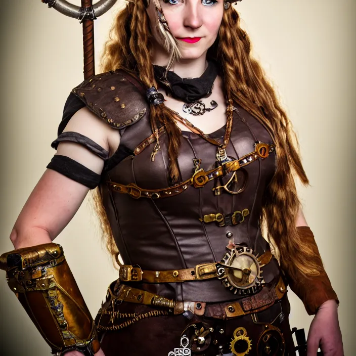 Image similar to full length portrait photograph of a real-life beautiful female steampunk viking, Extremely detailed. 8k