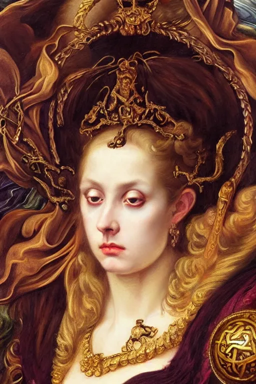 Image similar to hyper realistic painting portrait of the queen of saturn, occult diagram, elaborate details, rococo, baroque, gothic, intrincate ornaments, gold decoration, caligraphy, occult art, illuminated manuscript, oil painting, art noveau, in the style of roberto ferri, gustav moreau, waterhouse and bussiere