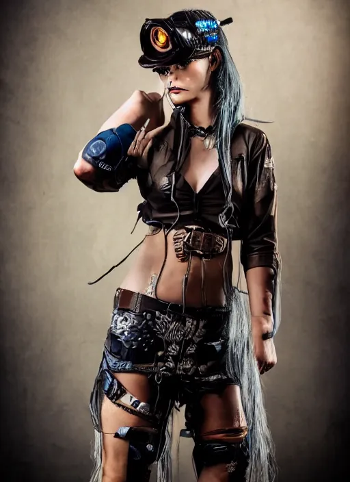 Prompt: full body photograph of a cyberpunk cowgirl beautiful face, intricate clothing, cinematic