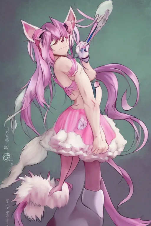 Prompt: muscular catgirl, nekomimi, athletic female form with cat ears and tail, graceful, flexible, wearing modest dress with pastel skirt