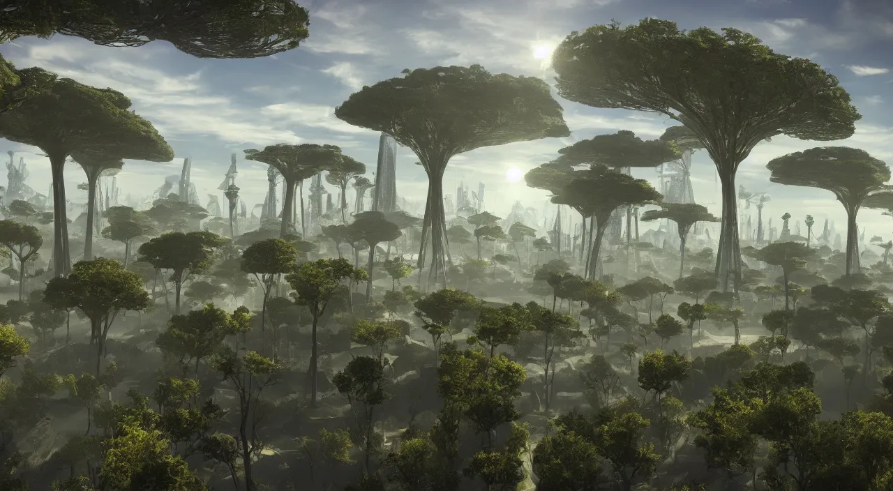 Prompt: An absolutely beautiful view of a sci-fi world. There are tall structures seen in the distance, with lots of unique looking trees.