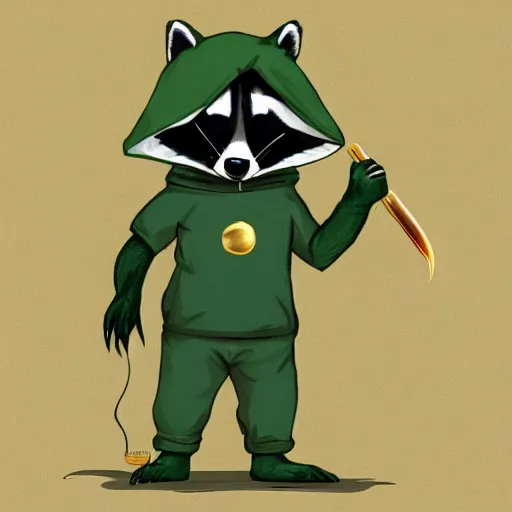 Image similar to a raccoon in a green, hooded rouge outfit with gold accents holding dagger made of fire, trending on art station