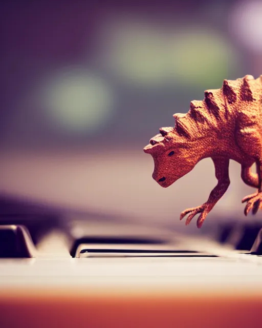 Prompt: a dinosaur playing a piano, photorealistic, bokeh, soft focus