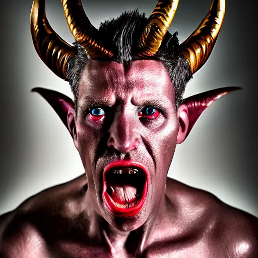 Prompt: photorealistic, iso 4 0 0 on a canon eos 5 d mark iv portrait of male archangel bellringer form lexx by lee jeffries and platon silveed skin, haloed head, demonic, horns, fangs, nd 4, perfect studio lighting