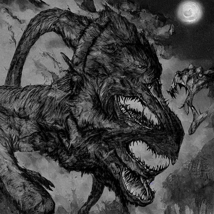 Prompt: werewolf dinosaur hyprid. pulp science fiction horror. dark background