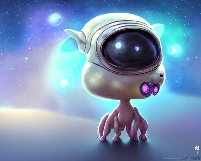 Image similar to 3D Fantasy Cute and adorable small alien piggy in space, huge adorable eyes, bright stars, Smooth 3D Illustration, soft render, Servando Lupini, Daniil Kudriavtsev, handpaint texture, Blender, 3DCoat