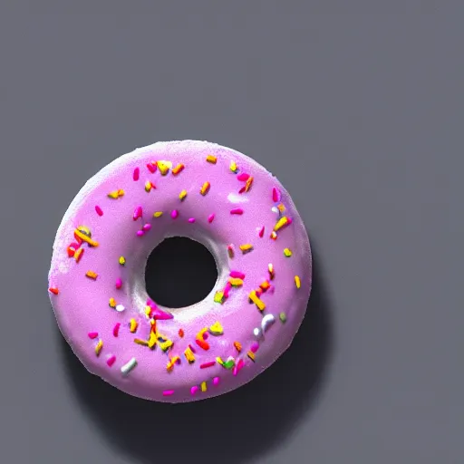 Image similar to 3 d render of realistic pink frosted donut with sprinkles, the donut has a bite taken out of it