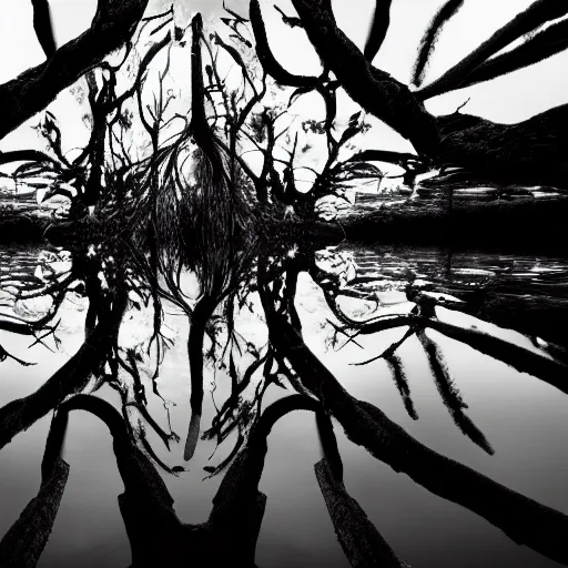 Prompt: roots underwater, award winning black and white photography