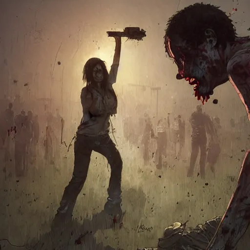 Image similar to clementine from the waking dead the last season been eaten by a couple of zombie by greg rutkowski