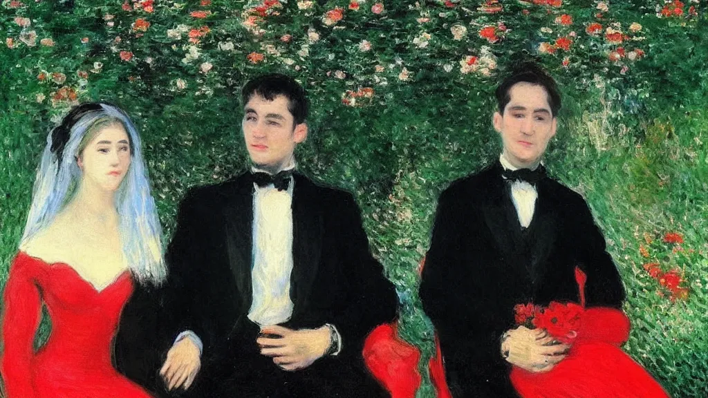 Image similar to “beautiful woman in red dress sitting with her handsome husband in a black suit, monet painting”