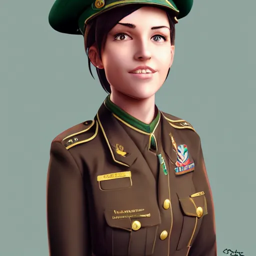 Prompt: portrait bust of young woman with long light brown hair and hazel eyes dressed in a sharp dark teal military uniform with beret, smiling, ilya kuvshinov, anime, ross tran