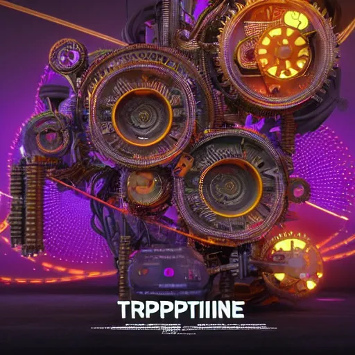 Image similar to album art, album is called tripmachine, text tripmachine, photo of a huge futuristic steampunk machinery with gears and belts, many tubes and cables, 8 k, fluorescent colors, halluzinogenic, multicolored, exaggerated detailed, front shot, 3 d render, octane