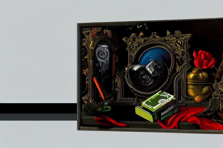 Image similar to a vanitas painting depicting an NVIDIA RTX A100 GPU, graphics card