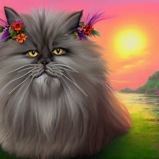 Image similar to oil painting portrait of a long haired fluffy himalayan cat wearing flower crown and lei necklace on tropical island background digital art, concept art, highly detailed, 3-D 4k, trending on art station, Mark Brooks,