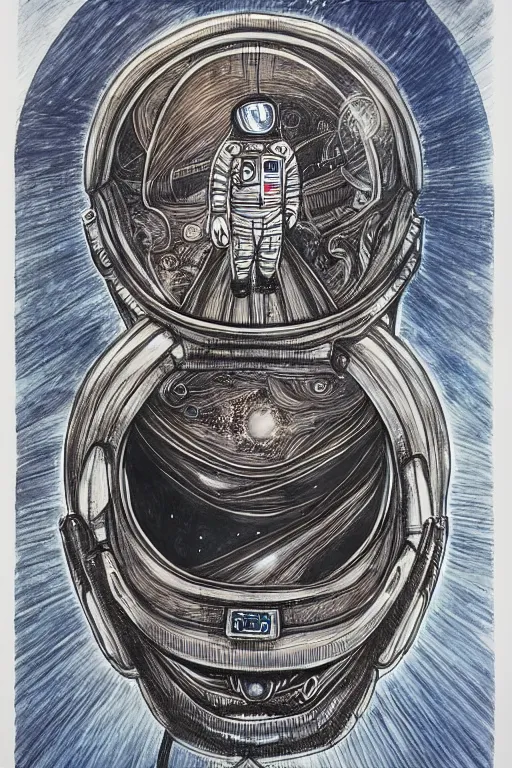 Prompt: 'meditating astronaut by Aaron Horkey, photorealism, line-drawing, water color on white paper'