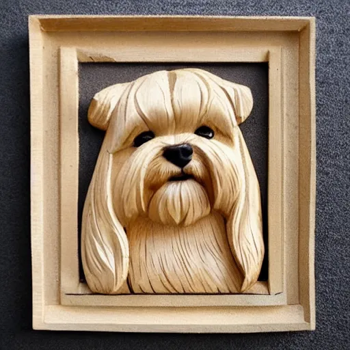 Prompt: wood carving of maltese terrier details, photo