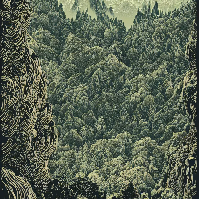 Prompt: linocut print of fantasy forest, amazing art, mountains, highly detailed, color, masterpiece, by victo ngai, craig mullins