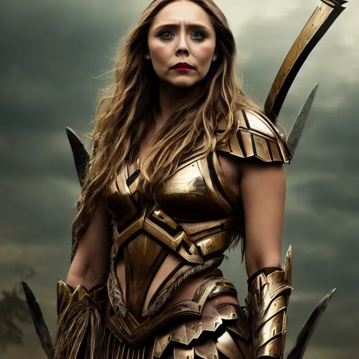 Image similar to professional full length photograph of elizabeth olsen as an amazon warrior. Extremely detailed. 8k