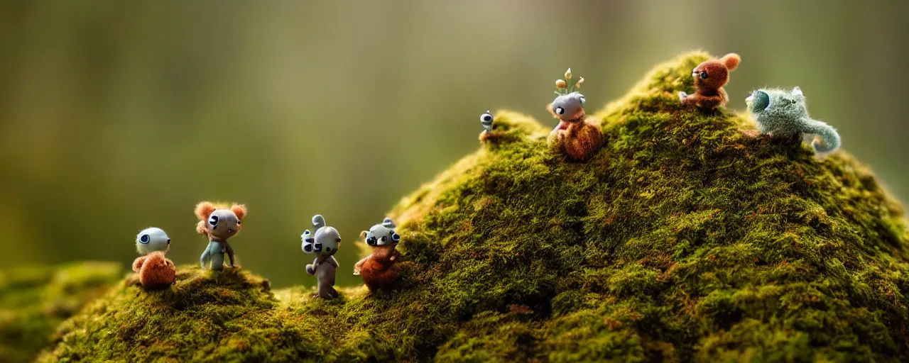 Image similar to tiny cute mossy forest creatures by bobby chiu, at sunset, macro photography, goro fujita, cute, adorable, cinematic