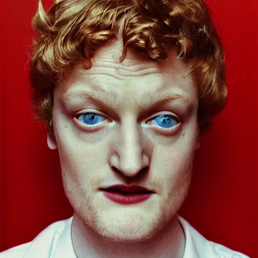 Image similar to james acaster, portrait, fashion photography, polaroid, by david bailey, mariko mori, davide sorrenti