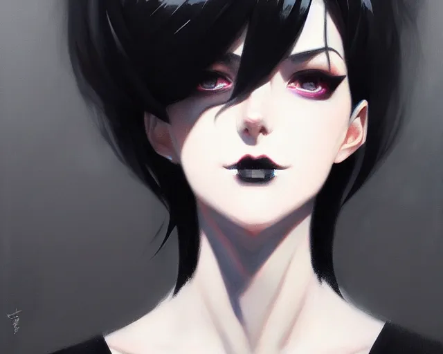 Prompt: a ultradetailed beautiful portrait panting of a stylish goth woman, wearing a shirt with a tie, dramatic, she has black hair, fashion, by makoto shinkai, greg rutkowski and hajime sorayama, trending on artstation