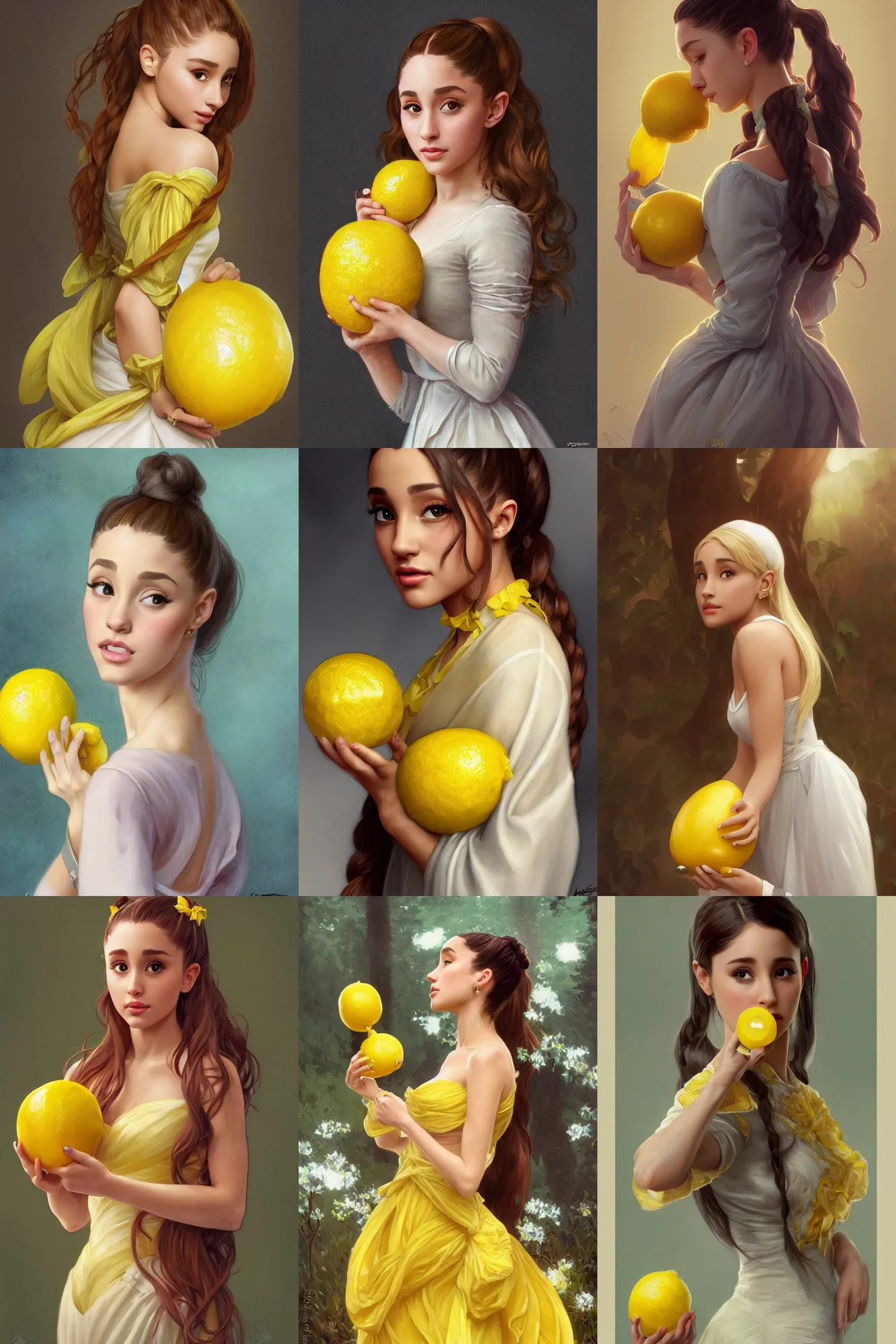 Prompt: beautiful cottagecore Ariana Grande holding a Yellow Lemon, intricate, elegant, highly detailed, digital painting, artstation, concept art, smooth, sharp, focus, illustration, art by artgerm and greg rutkowski and alphonse mucha