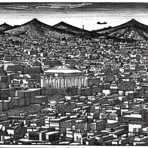 Prompt: aerial shot of Athens, 440 BCE, drawn by Moebius