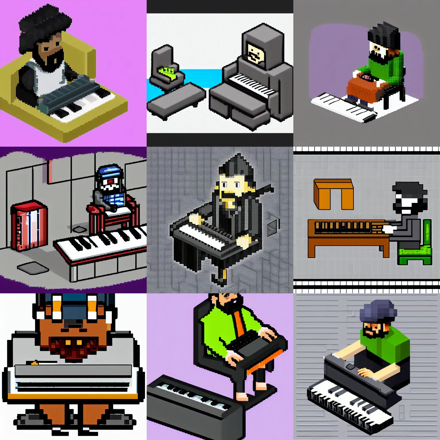 Prompt: an isometric 8 - bit sprite of a 🧔🏿 wearing a gray do rag and a black winter puffer coat, sitting in a chair and playing a keyboard synthesizer, white background,