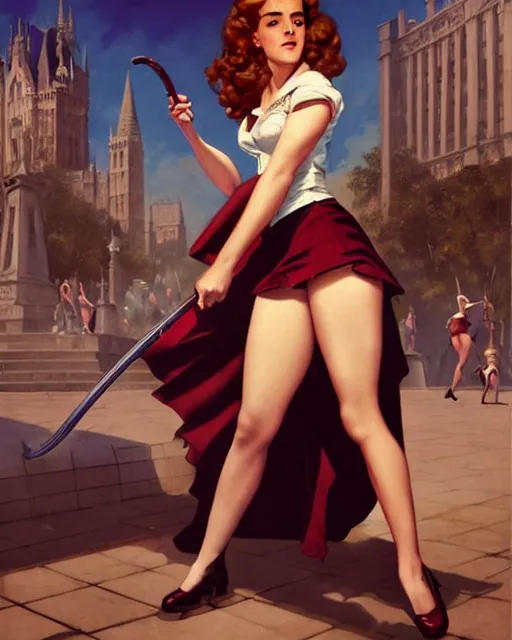 Prompt: pinup photo of hermione granger by emma watson in the crowded square of the city, by greg rutkowski, gil elvgren, enoch bolles, kezie demessance, glossy skin, pearlescent, very coherent, very detailed