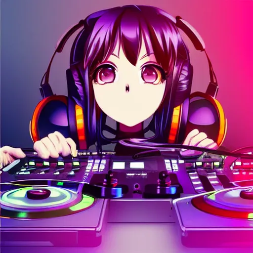 Image similar to “ cute anime woman djing a party, purple hair, headphones on the girl ’ s head, turntables, rave, digital art, unreal engine ”