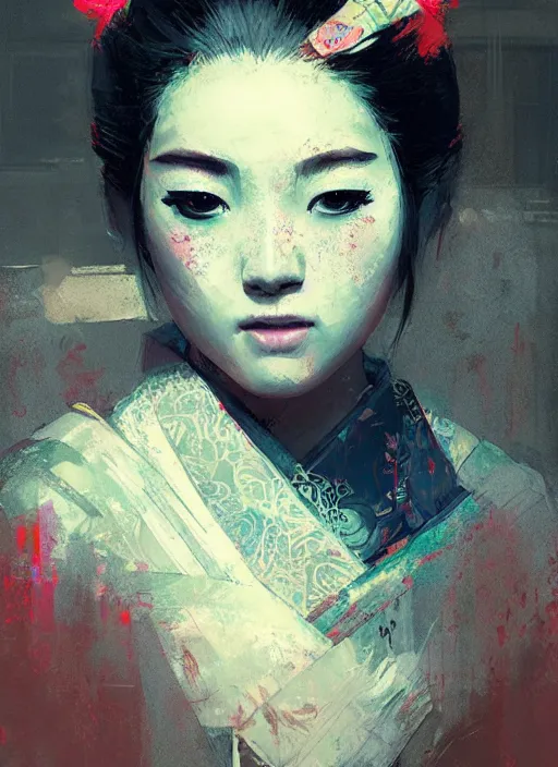 Image similar to female geisha girl, beautiful face, neon, rule of thirds, intricate outfit, spotlight, by greg rutkowski, by jeremy mann, digital painting