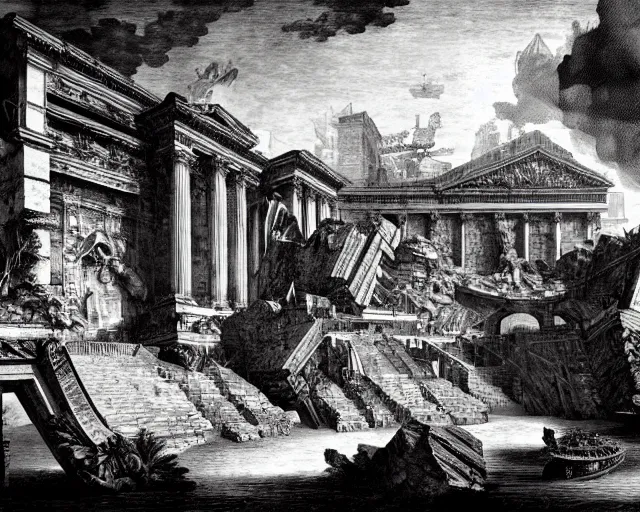 Prompt: Piranesi imagination mixed with the aesthetics of !!!(((###Vaporwave###)))!!!