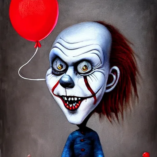 Image similar to grunge painting of david dorbik with a wide smile and a red balloon by chris leib, loony toons style, pennywise style, corpse bride style, horror theme, detailed, elegant, intricate