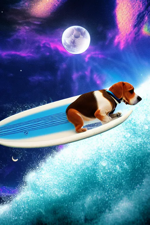 Image similar to beagle dog surfing a surfboard on a sparkly crashing wave of stardust in space, background is a moon in nebula, octane render, unreal engine, wide view, 8 k, highdetaild