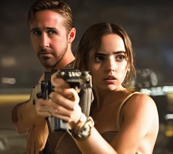 Image similar to a movie still of ana de armas aiming a gun with ryan gosling in the movie blade runner 2 0 4 9