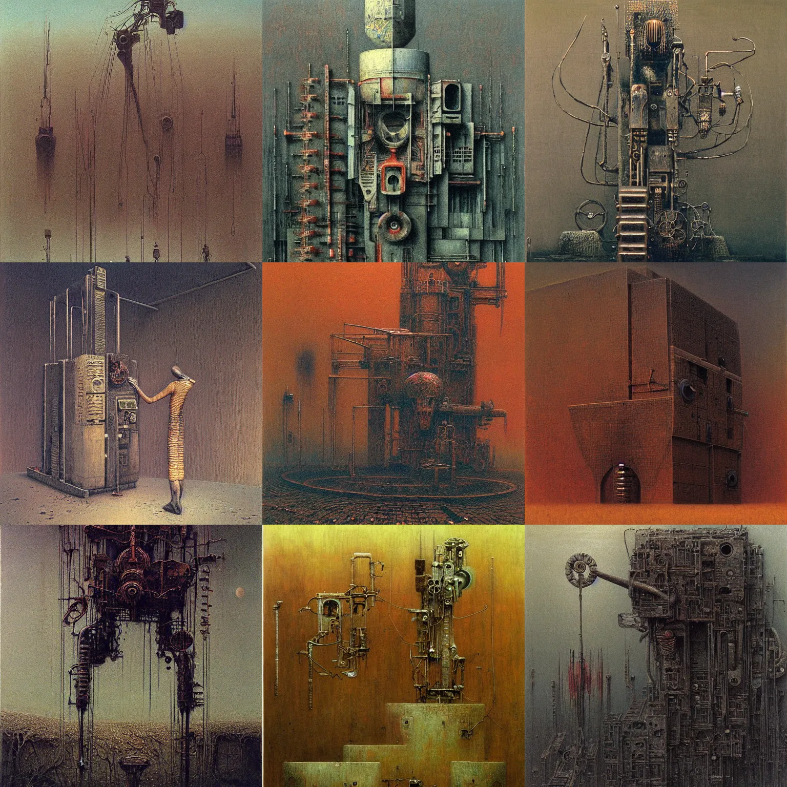 Prompt: painting of a complex machine by beksinski