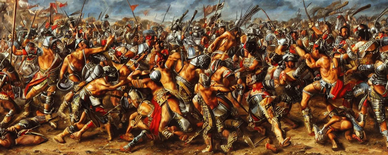 Image similar to spaniards conquerors fighting aztec warriors between the mexican pyramids, daniel lezama painting style, hyperrealistic