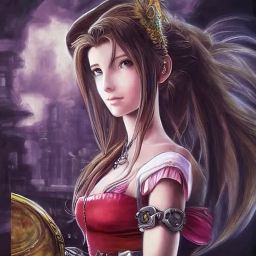 Prompt: a portrait painting of aerith from from final fantasy 7 with the steam punk city midgard as backdrop by master artist yoshitaka amano