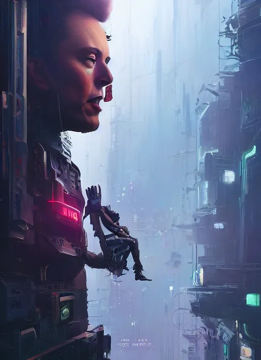 Image similar to a beautiful portrait of elon musk in cyberpunk city. character design by cory loftis, fenghua zhong, ryohei hase, ismail inceoglu and ruan jia. artstation, volumetric light, detailed, rendered in octane