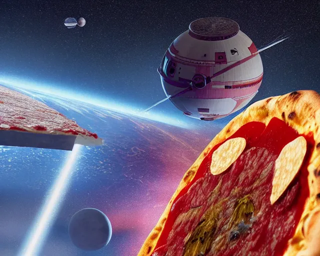 Image similar to a slice of pizza spaceship in orbit around a planet starwars digital art 4 k atmospheric cinematic shot octane render