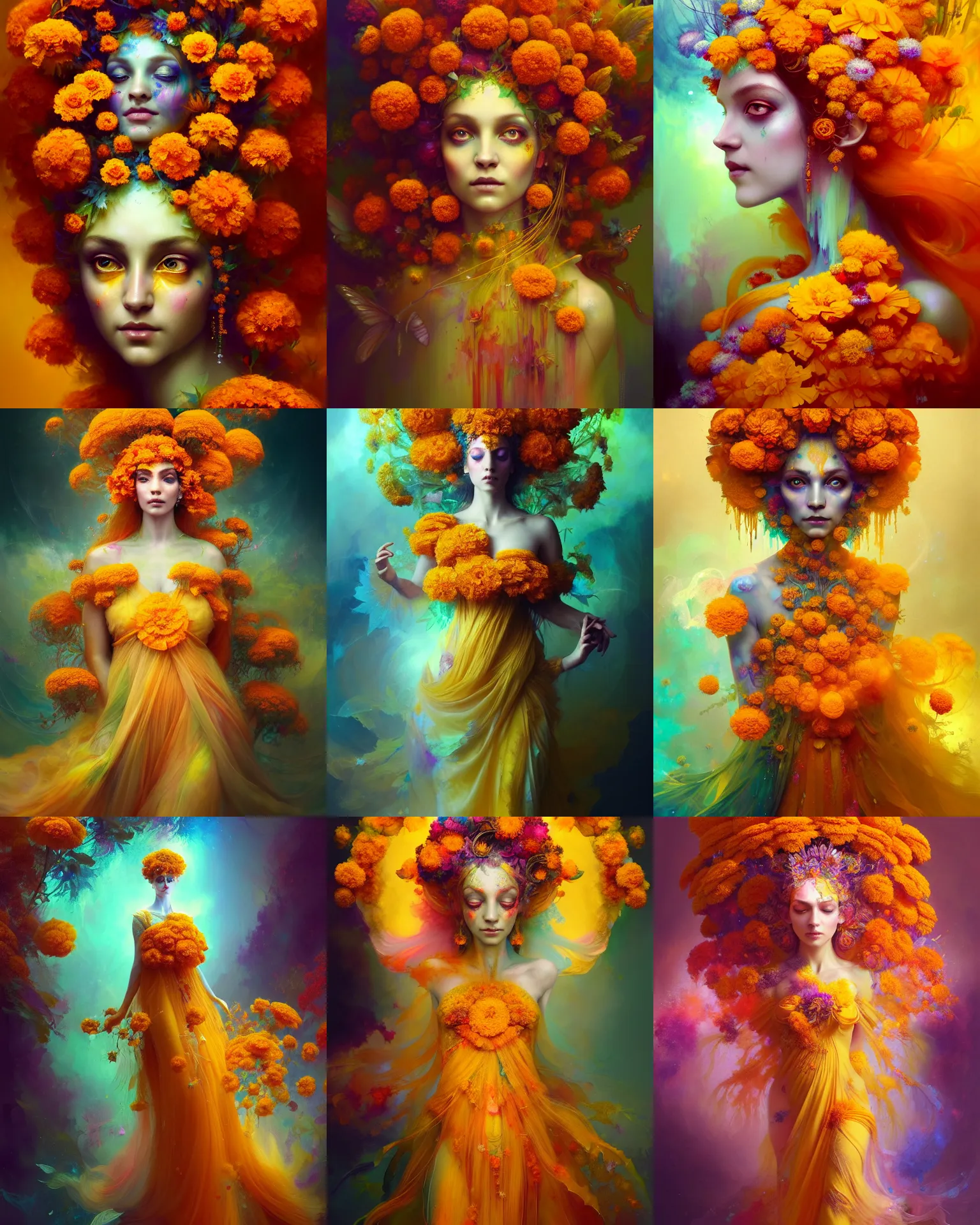 Prompt: Full View Portrait Mystical ethereal marigold deity wearing beautiful dress, marigold Dryad, 4k digital masterpiece by Anna dittman and Ruan Jia and Alberto Seveso, fantasycore, Hyperdetailed, realistic oil on linen, soft lighting, marigold background, featured on Artstation