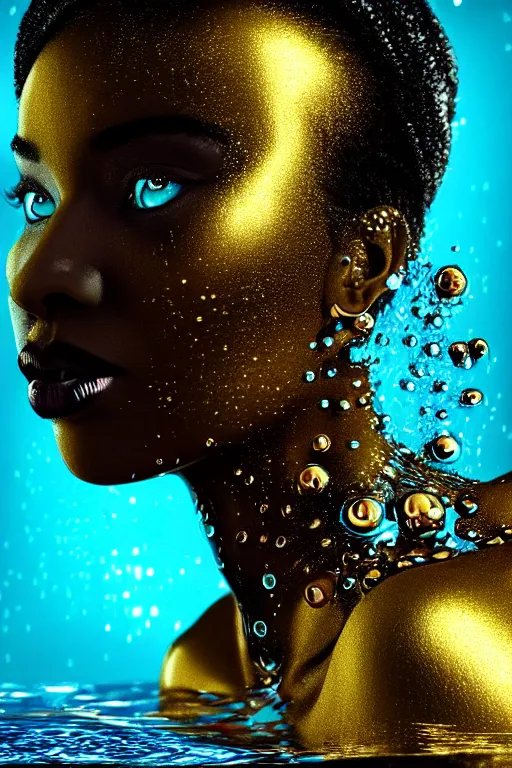 Prompt: hyperrealistic post - futurist cinematic profile very expressive! black oshun goddess, in water! up to shoulders, mirror dripping droplet!, gold flowers, highly detailed face, digital art masterpiece, smooth eric zener cam de leon, dramatic pearlescent turquoise light on one side, low angle uhd 8 k, shallow depth of field