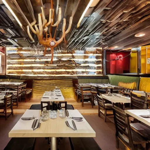 Image similar to a restaurant inspired by the rusty krab from spongebob squarepants, interior, realistic, photography